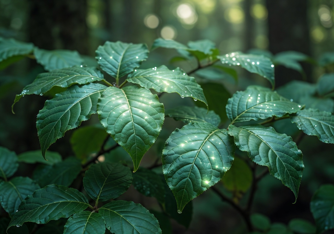Close-up of pristine glowing forest foliage with magical particles