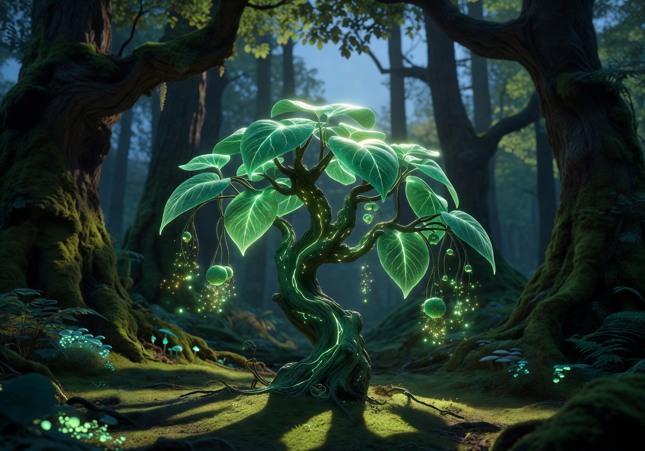 Luminous glowing ancient plant representing green forest slot machine core inside energy reactor